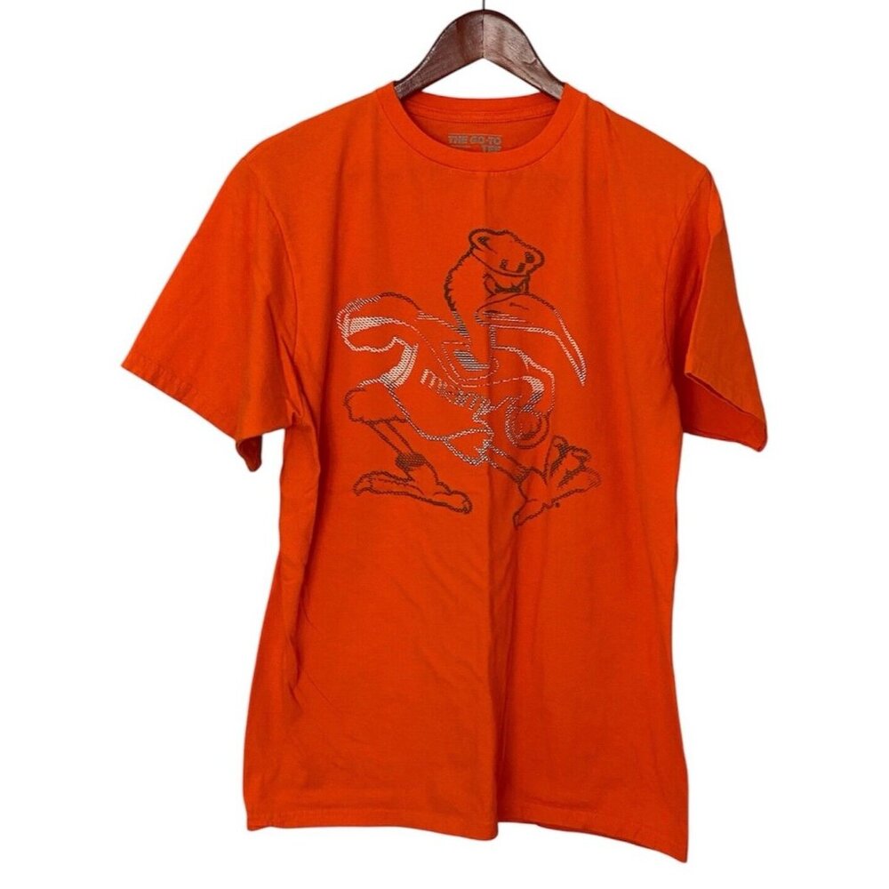 Miami Hurricanes Men's L Orange S/S T-Shirt Adidas Sabastian Logo NCAA
